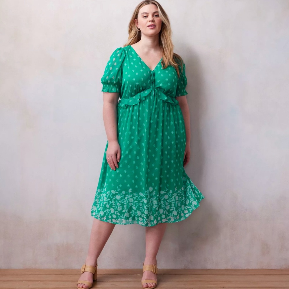 LC Lauren Conrad Floral Print Chiffon Tie Front V-Neck Midi Dress